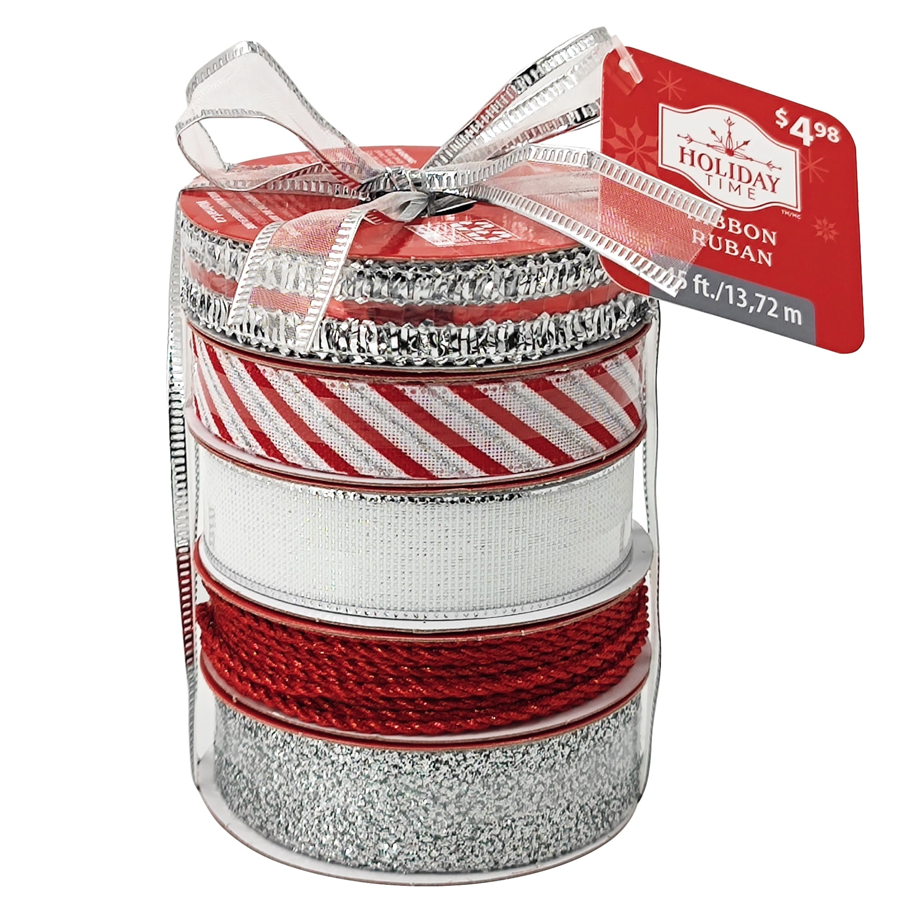 Holiday Time Red/Silver Polyester Christmas Ribbon Assortment, 5 Count, RED SILVER RBN SET