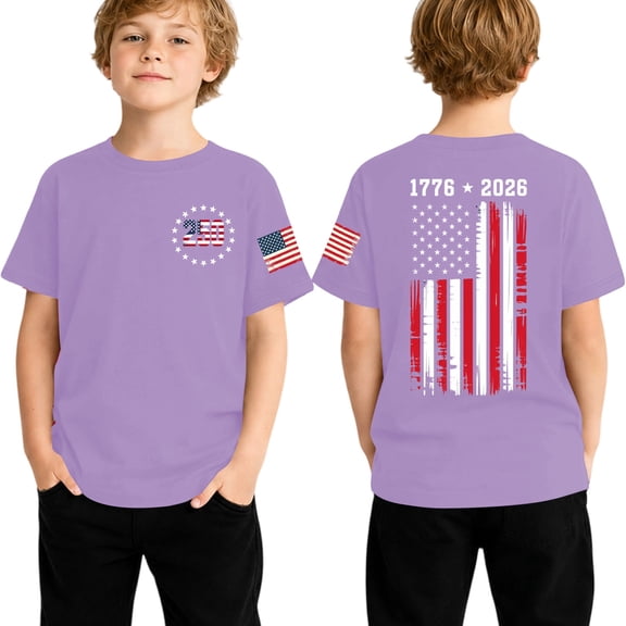 lnmuld Independence Day Kids Patriotic 250th Anniversary Short Sleeve T-Shirt 1776-2026 Print Tee for 4th of July Daily Wear Color:Purple,Size:1-2 Years
