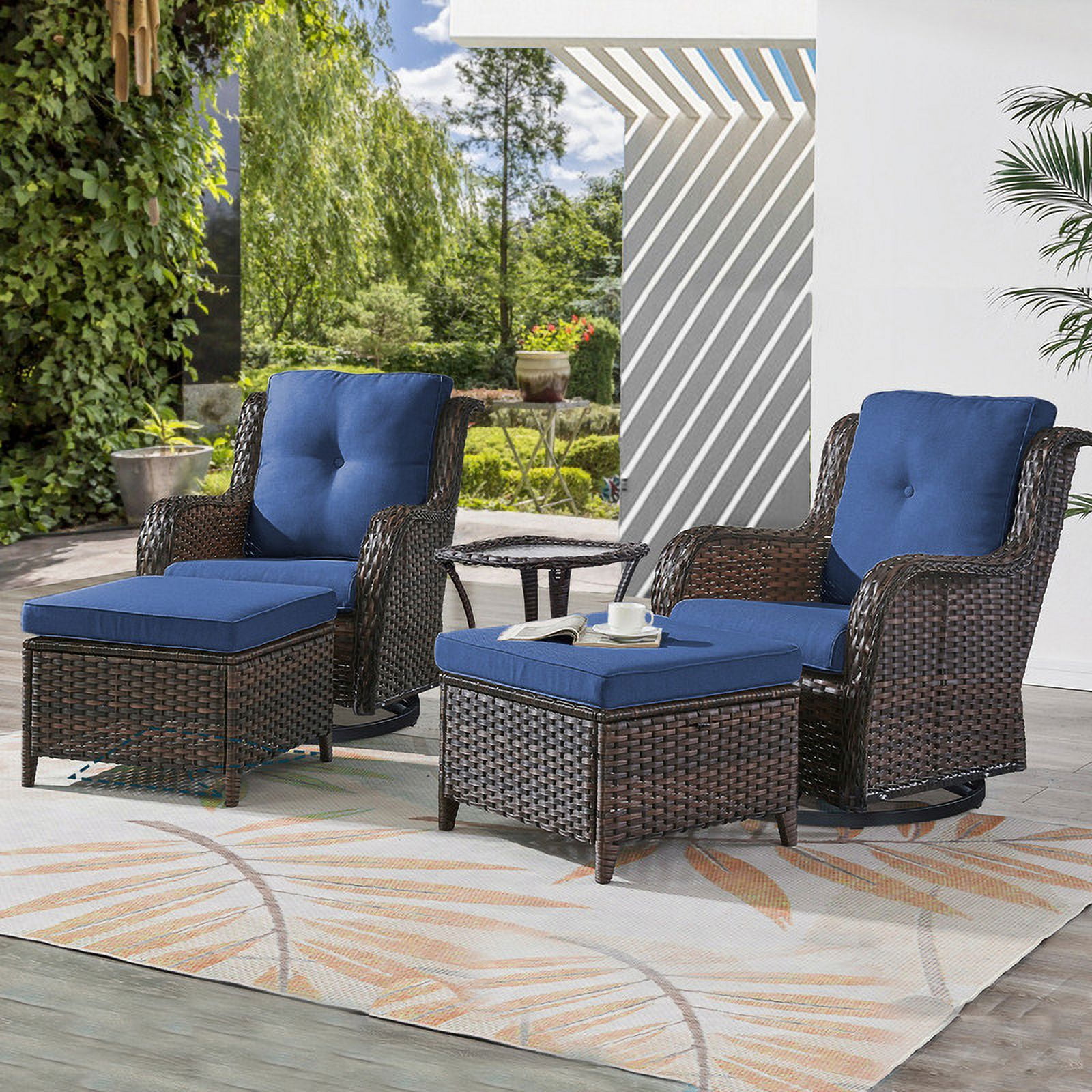 PARKWELL 5-Piece Outdoor Conversation Sets,Wicker Swivel Gliders with Ottomans,Side Table,Patio Seating Furniture with Blue Cushions,Brown Wicker