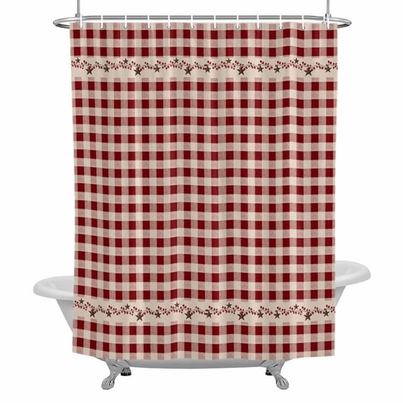 Farmhouse Berry Fabric Shower Curtain, Red Buffalo Plaid American Country Rustic Bathroom Curtain with 12 Hooks Waterproof Machine Cloth Shower Curtain for Bathroom, Bathtub, Spa Room, 36x72 Inch