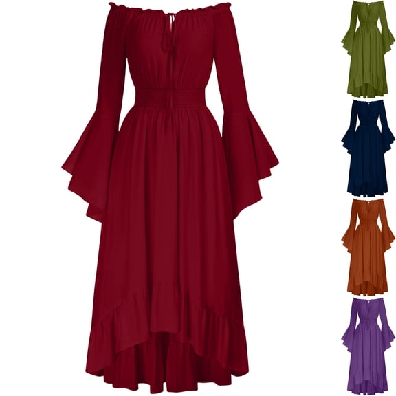 Womens Renaissance Dress Medieval Costume Peasant Wench Off Shoulder Bell Sleeve High Low Ruffle Hem Dress for Halloween Cosplay Pirate, Red, L