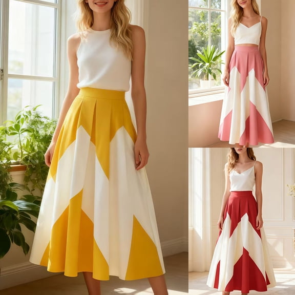 Women's High Waist Color Block Pleated A Line Flared Skirt Casual Flowy Midi Skirt for Spring Summer Yellow