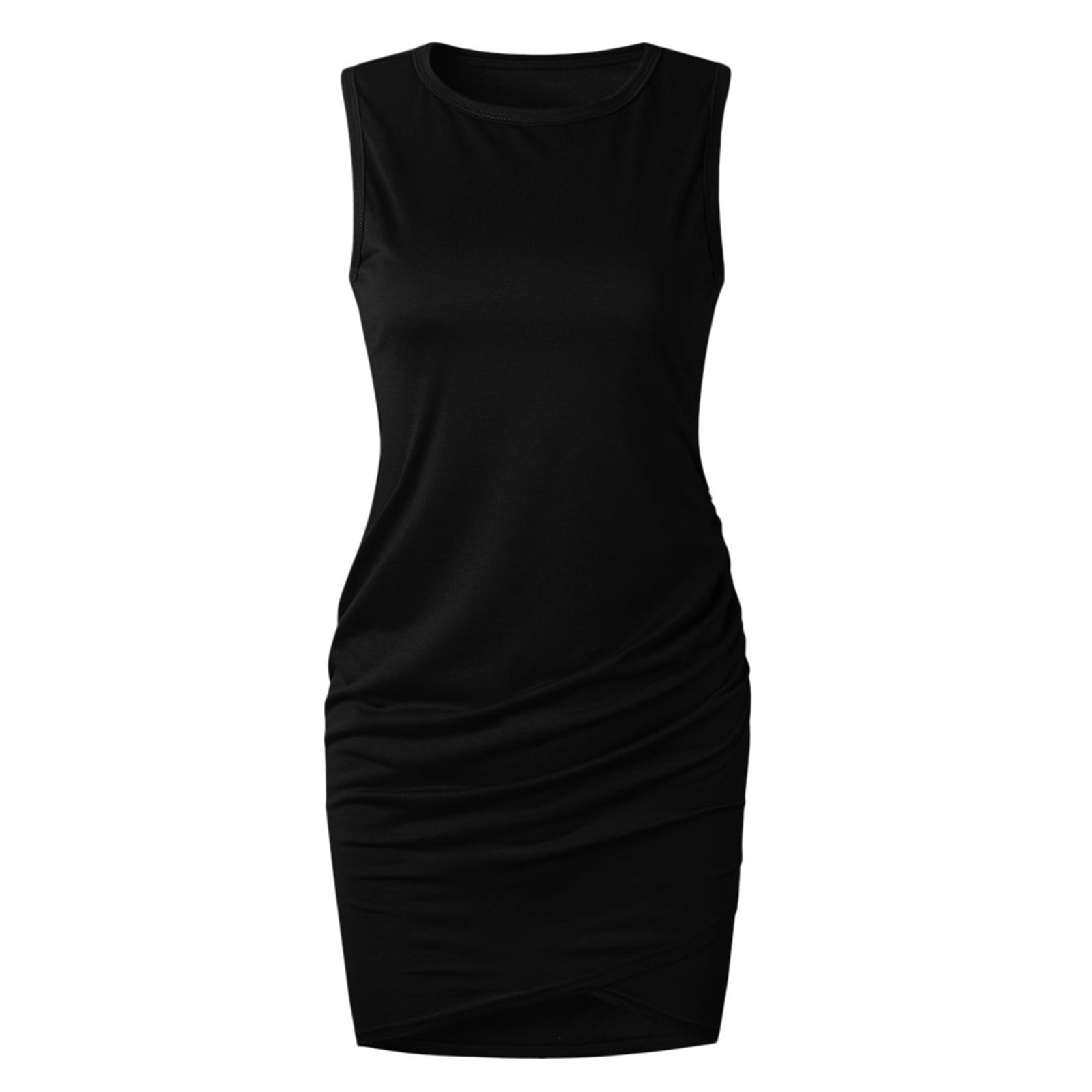 Clearance!MSJUHEG Wrap Dress Flowy Dresses for Women Neckline Sleeveless Hem Round Dress Women's Ruched Casual Slim Dress Women's Dress Bodycon Dresses for Women Dresses for Women Black L