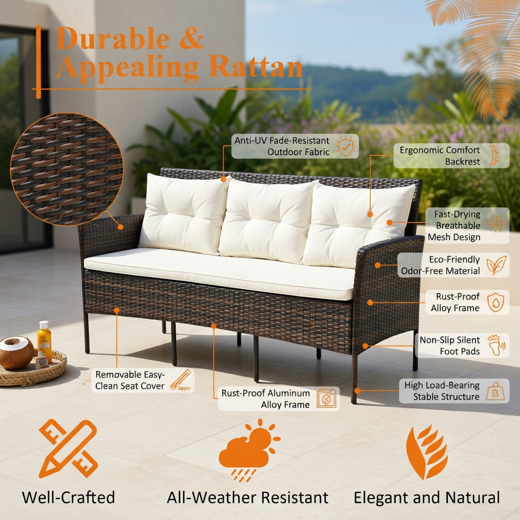 Hommoo 3-Piece Modern Patio Sectional Set with 5 Premium Cushions, All-Weather Rattan Sofa, Ottoman & Glass Coffee Table for Backyard, Poolside & Garden, White