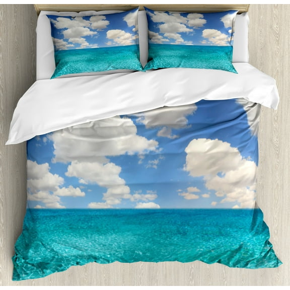 Ocean Duvet Cover Set, Dreamy Skyline with Clouds over Crystal Water Sea Coast Tropical Island Image, Decorative 3 Piece Bedding Set with 2 Pillow Shams, Queen Size, Turquoise Aqua, by Ambesonne
