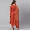 thumbnail image 6 of Janasya Indian V-Neck Full Sleeve Striped Orange Cotton Kurta With Pant And Dupatta For Women, 6 of 9