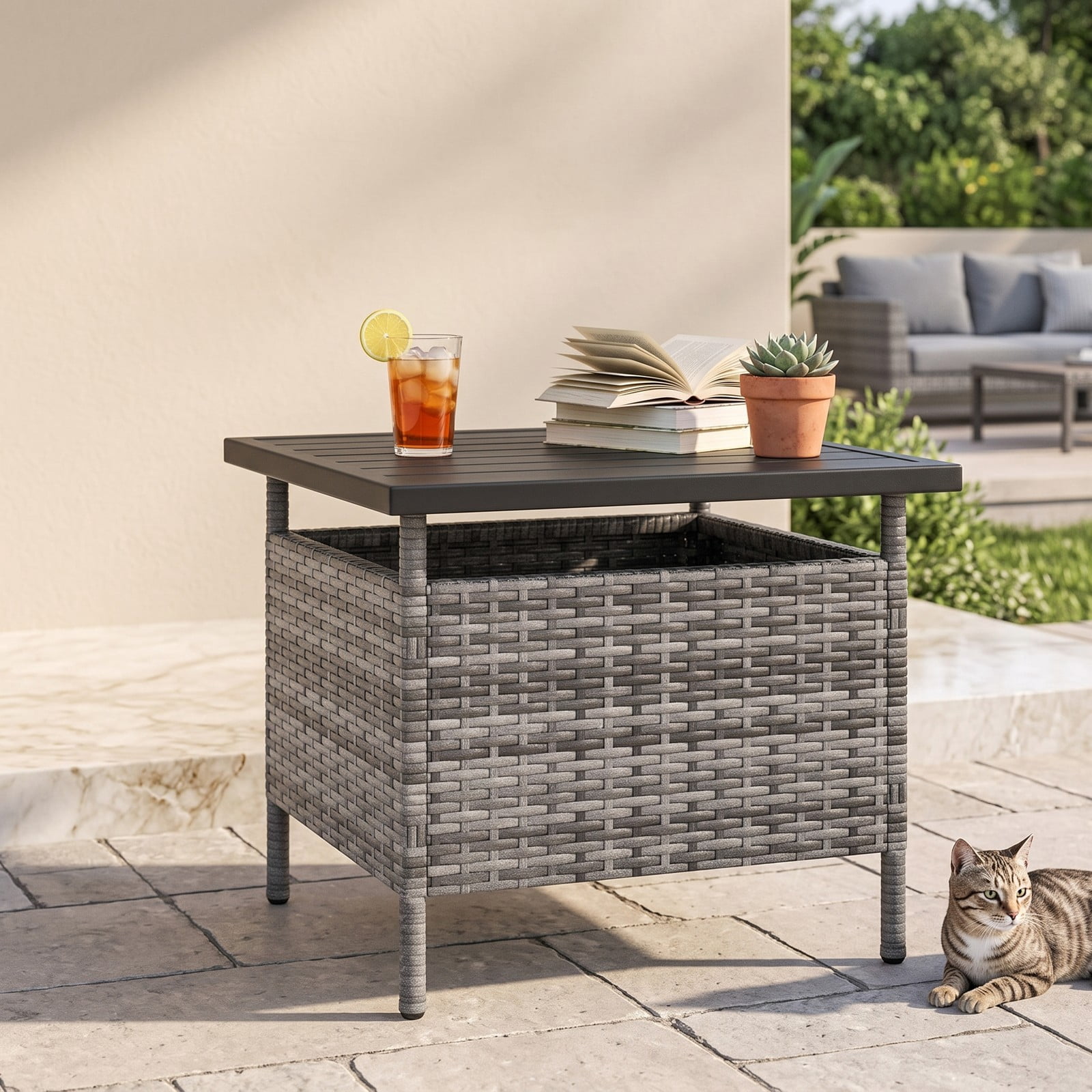 Furnibear Patio Square Wicker Side Table with Umbrella Hole, PE Rattan Outdoor End Table, Faux Wood Tabletop Metal Frame Coffee Table for Yard Garden Backyard, Gray