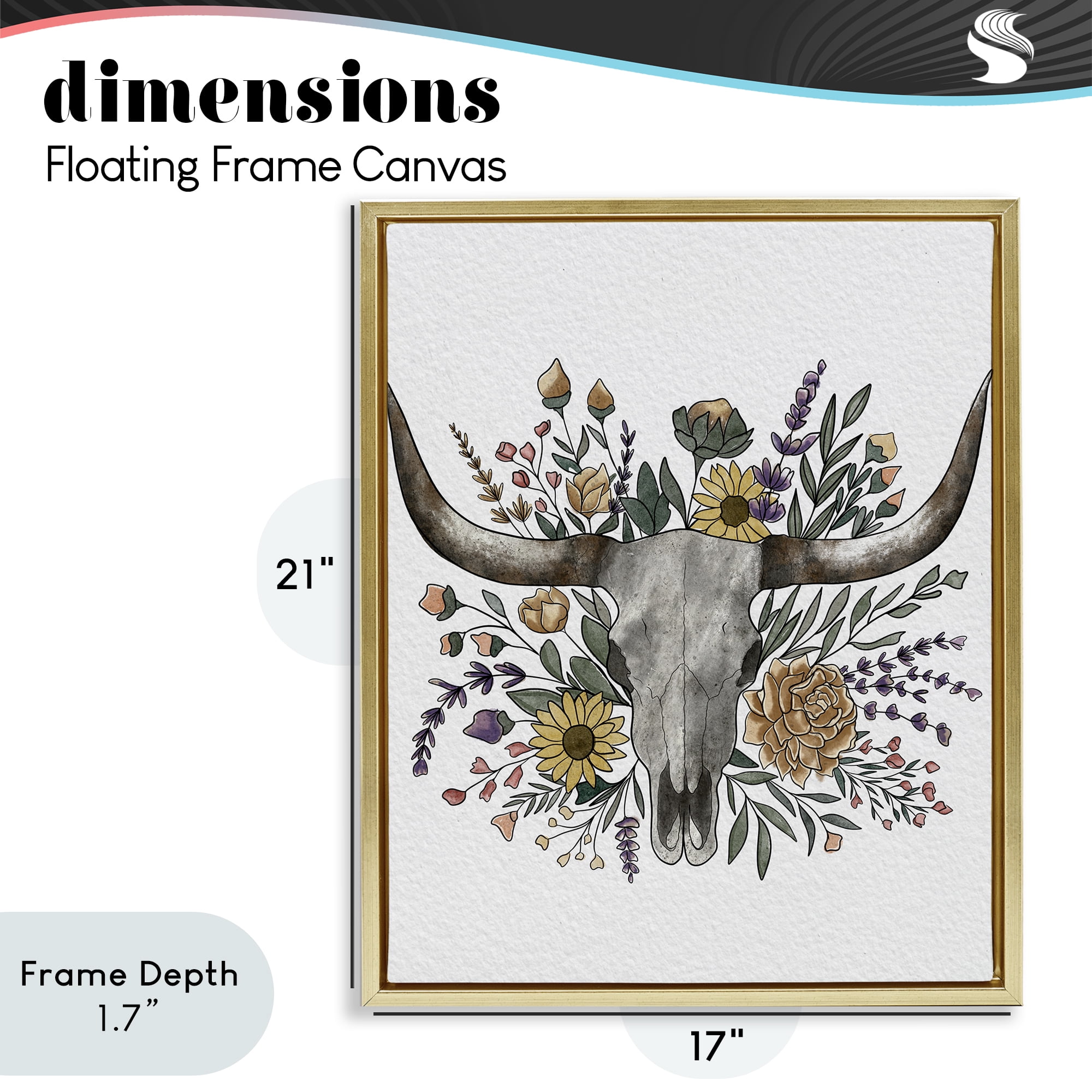 Stupell Industries Boho Wildflower Longhorn Gold Framed Floater Canvas Wall Art, design by Alisha Kiara Design