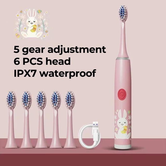 Cepillo de dientes eléctrico para niños, dibujos animados, con cabezal de repuesto, ultrasónico, IPX7, resistente al agua, recargable, sónico