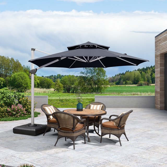 PURPLE LEAF Parasol de Patio Rond de Luxe 11 Pi, Grand Parasol Déporté à Mât Décentré avec Rotation à 360°, Gris