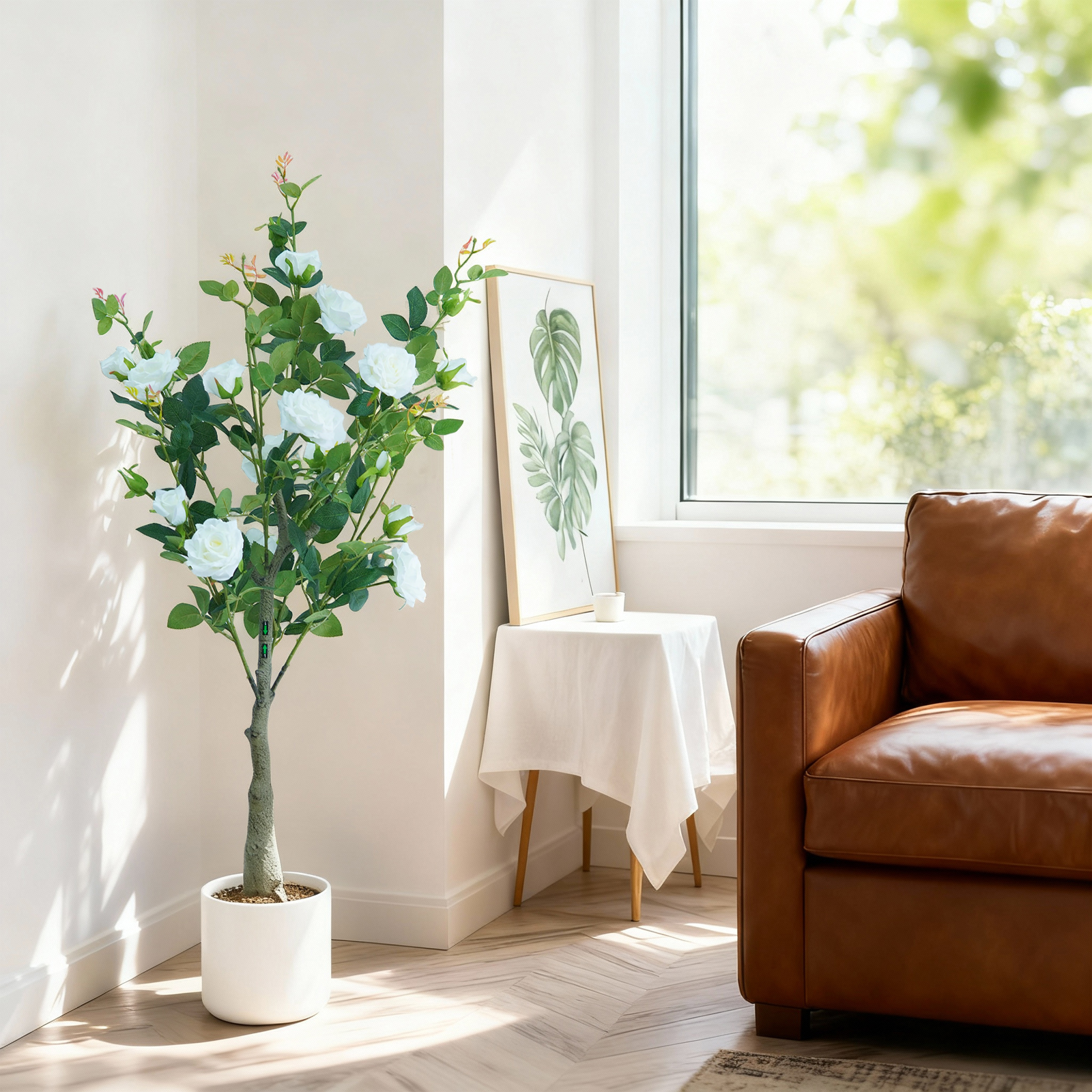 Lifelike & UV Resistant Artificial Rose Tree – 120cm Faux Plant with Silk Flowers & Plastic Leaves, White Pot, Easy Maintenance, Nordic Home/Office Décor