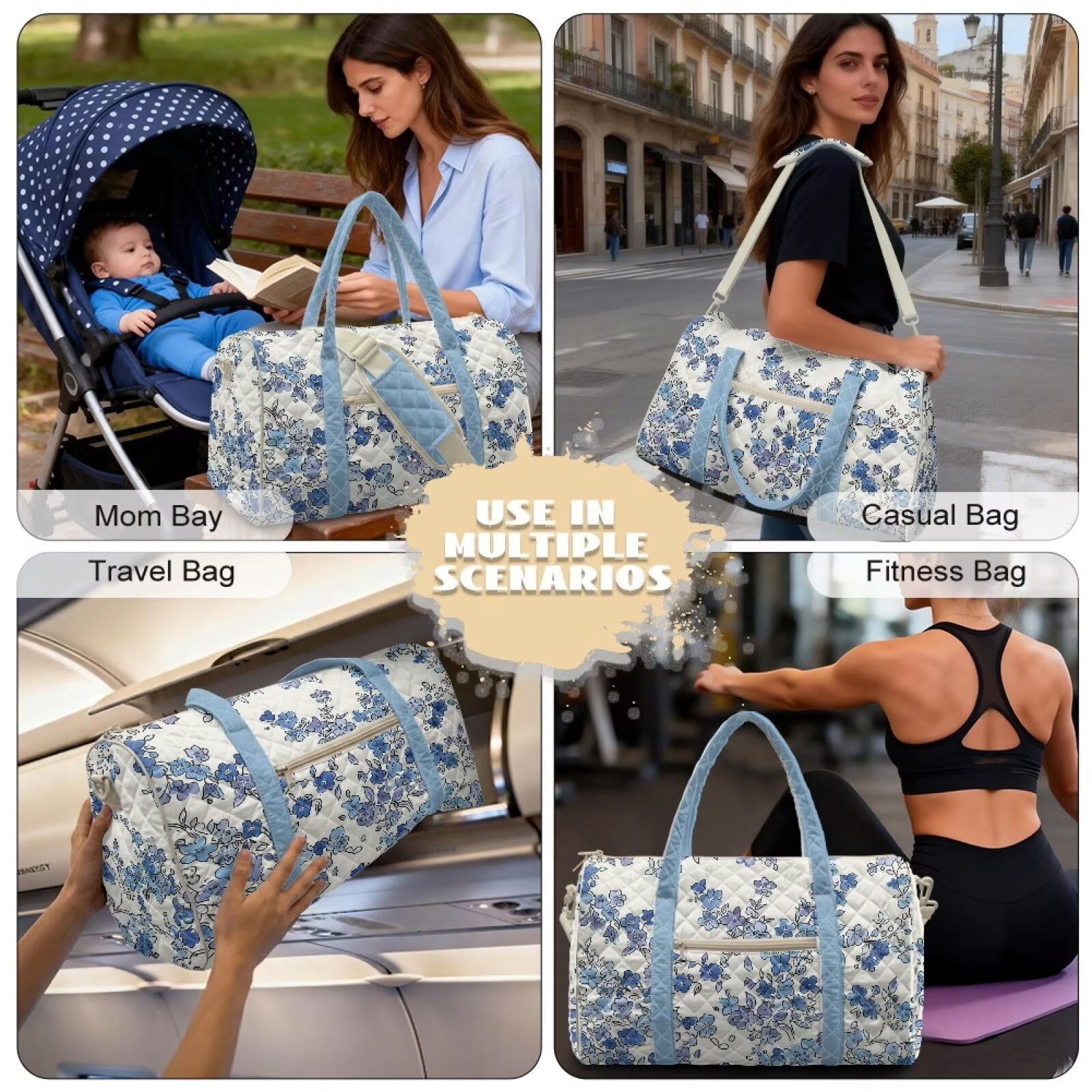 Garronmavis Blue Floral Large Quilted Duffle Bag for Women, Weekender Bag Carry On Travel Overnight Gym Dance Bag with Pockets, Lightweight Airline Approved Luggage Tote