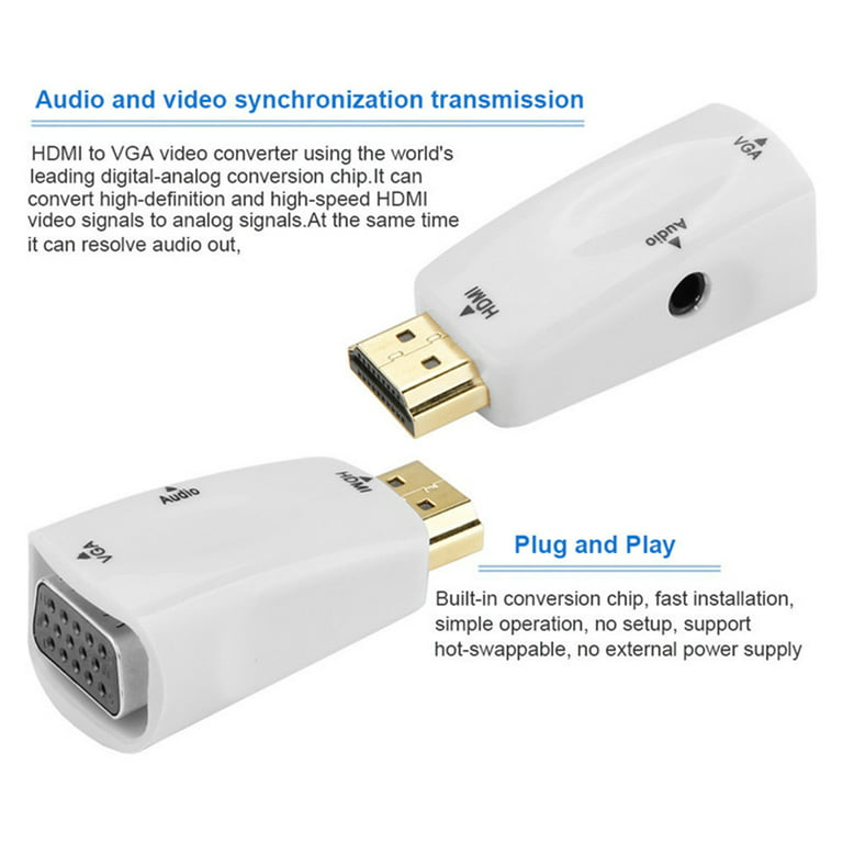 HDMI to VGA Adapter with 3.5mm Audio Jack HDMI Male to VGA Female Converter  Compatible for TV Stick Raspberry Pi Laptop PC Tablet Digital Camera  Nintendo Switch, White 