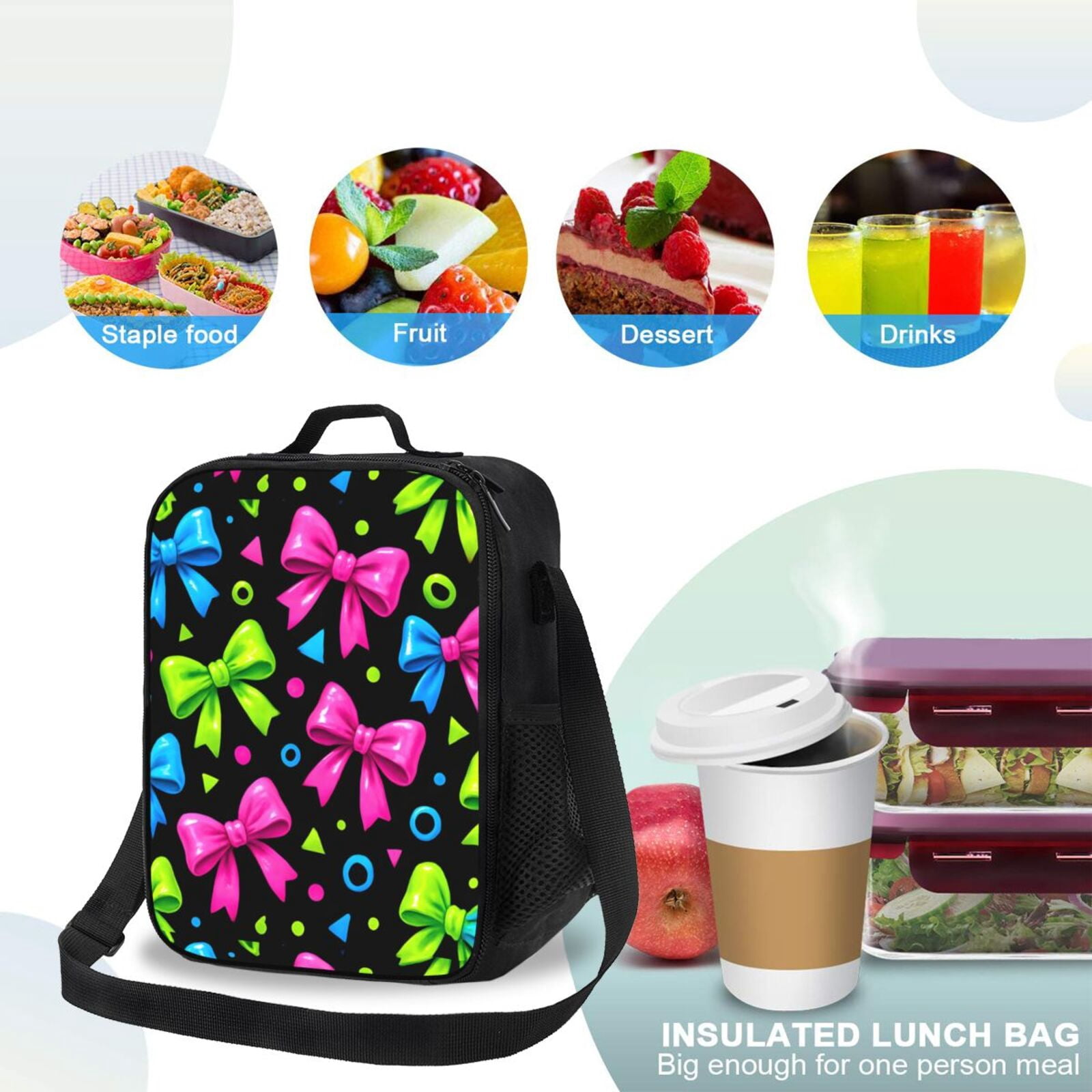 Thermal Insulation One Shoulder Portable Bento Bag Can Be Reused 8×10.5in For Carrying Drinks Bento Box Fruit Snacks Bold Neon Contemporary Ribbon Bow Pattern
