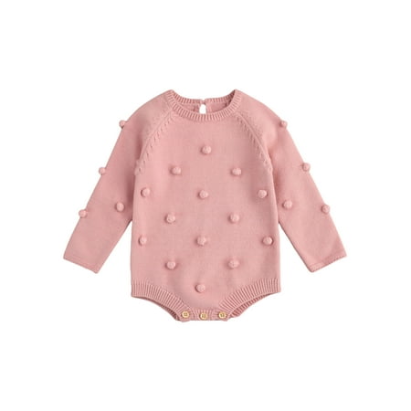 

MissiMae Baby Girls Knitted Short Romper with Ball Decorations Solid Color Long Sleeve O-neck Jumpsuit for Spring Fall