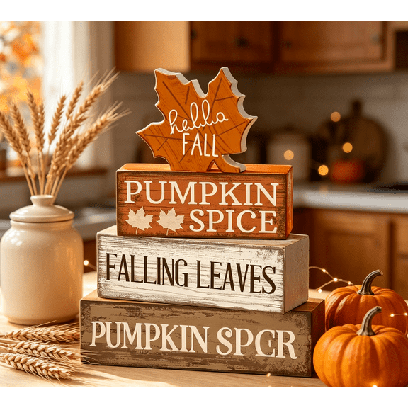 Hot Deal! 4 Pcs Fall Decor Wooden Maple Leaf Decoration, Rustic Autumn Tabletop Block Set for Thanksgiving and Harvest Home Decor