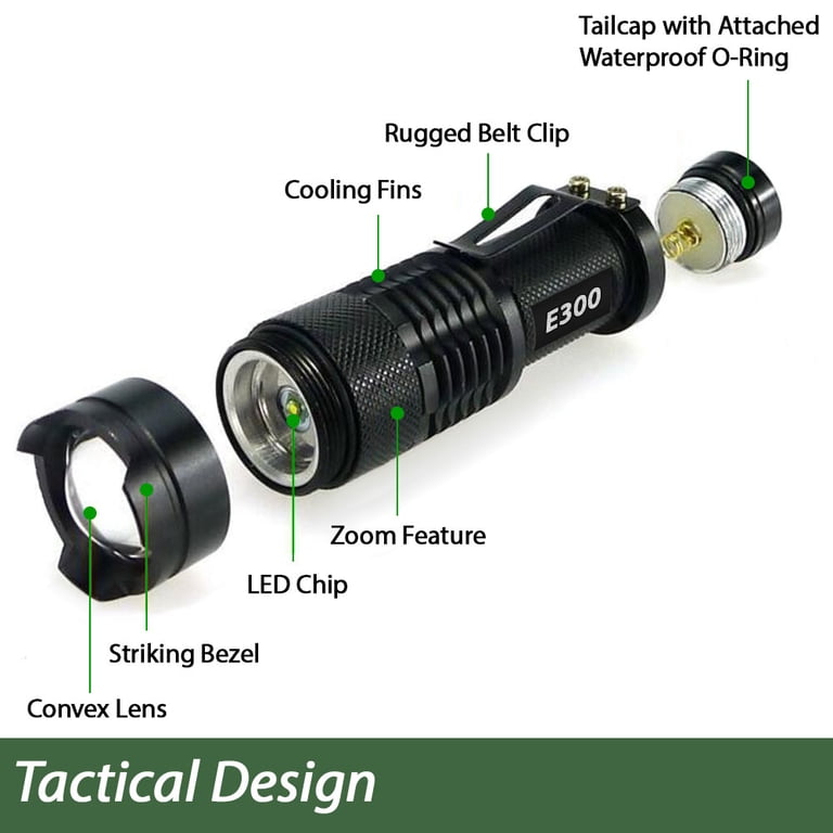 EcoGear FX E300 Tactical Flashlight 3-Pack - 300 Lumen Zoom LED Flashlights With Belt Clip