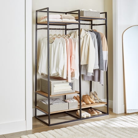 BETTER HOMES & GARDENS JACE FREESTANDING METAL 2-ROD GARMENT CLOTHES RACK WITH 4 WOODEN SHELVES, BLACK