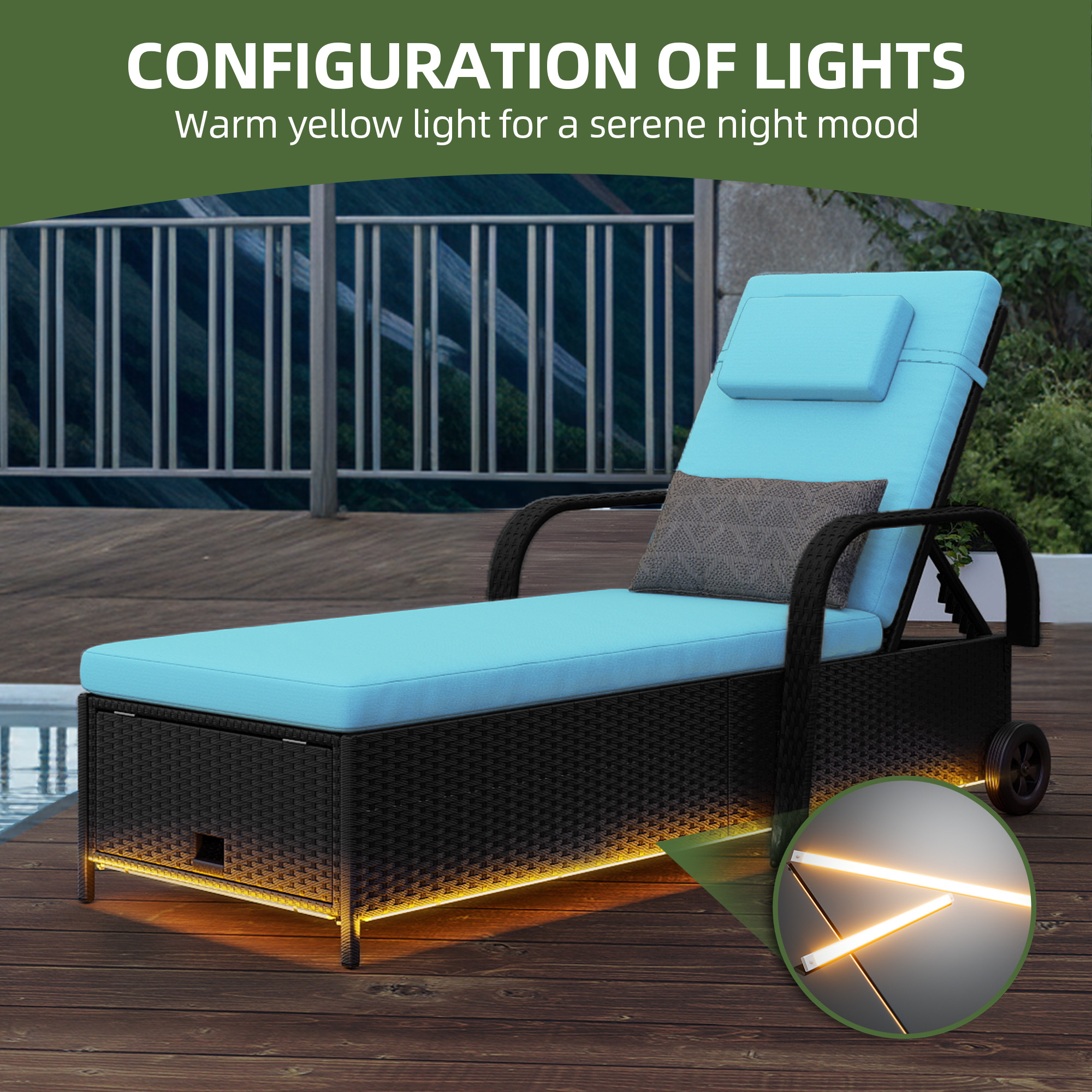 Uforic LED Outdoor Lounge Chair with 5-Level Recline, Wheels, Storage, Patio Wicker Chaise, Black/Blue