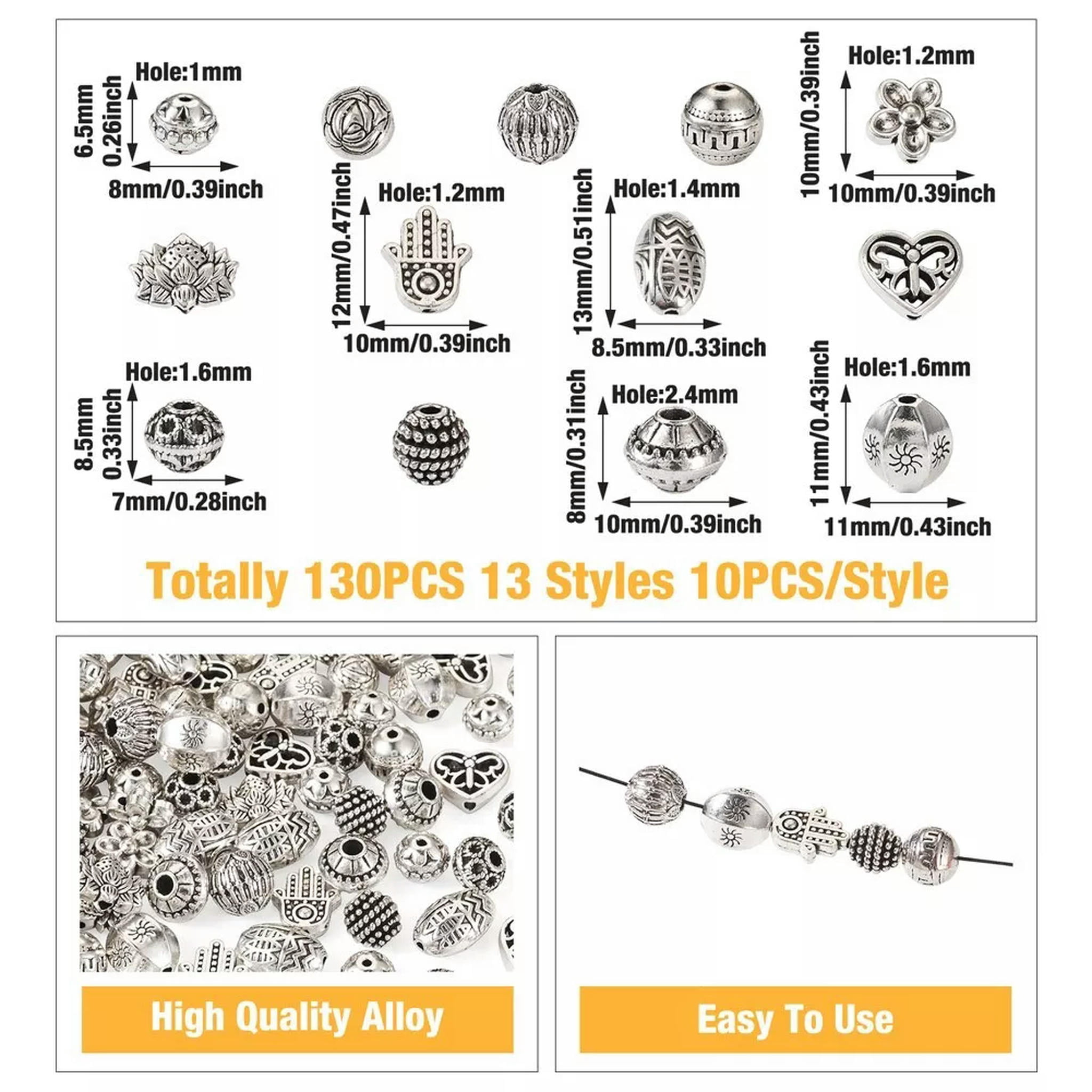 EOEMY 130Pcs Antique Silver Rondelle Barrel Flower Tibetan Style Alloy Beads 7.5~12mm
