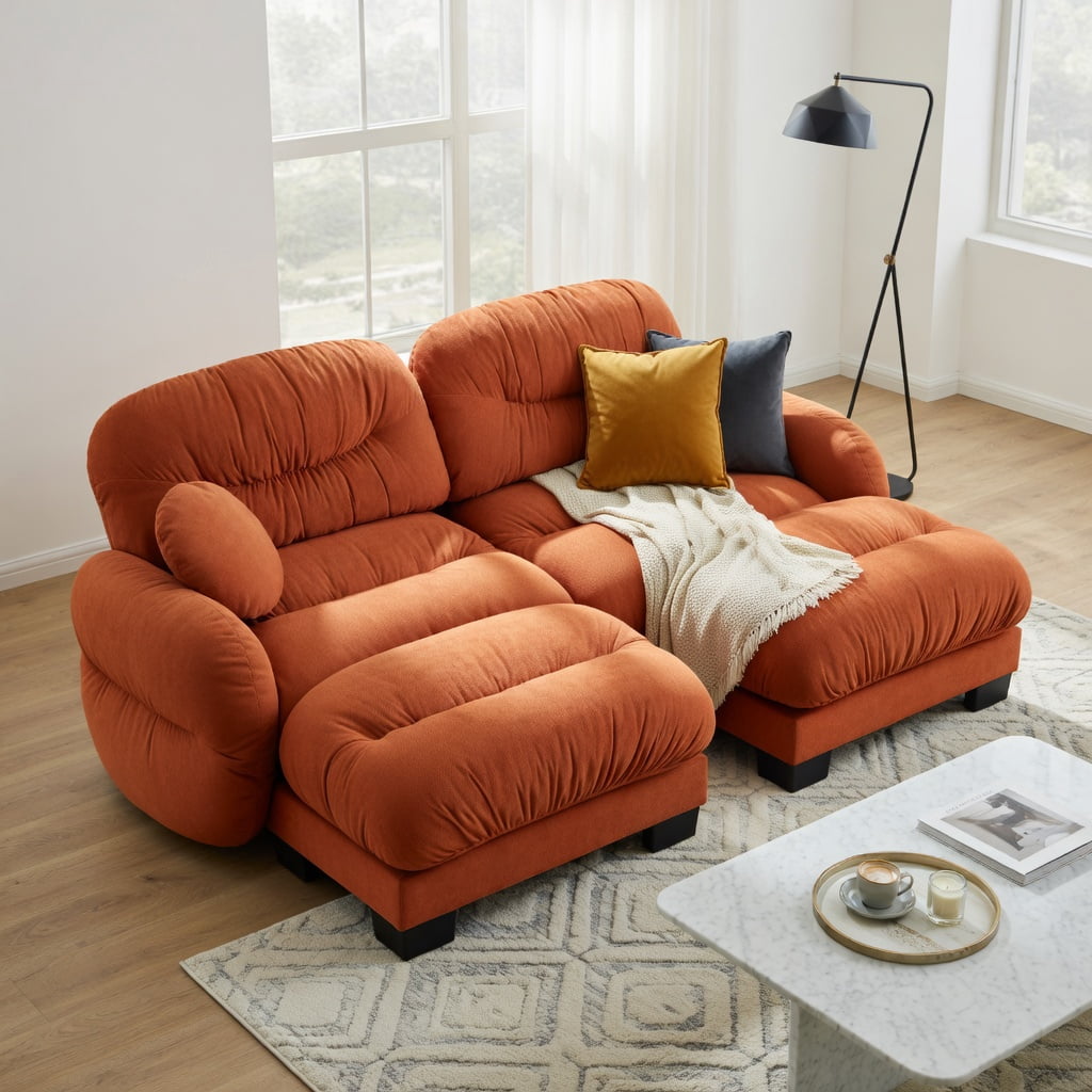 Hommoo Chenille 2-Seat L-Shaped Modular Sectional Sofa with Ottoman, Ergonomic High-Density Foam, Pleated Back Design & 2 Round Throw Pillows, Orange