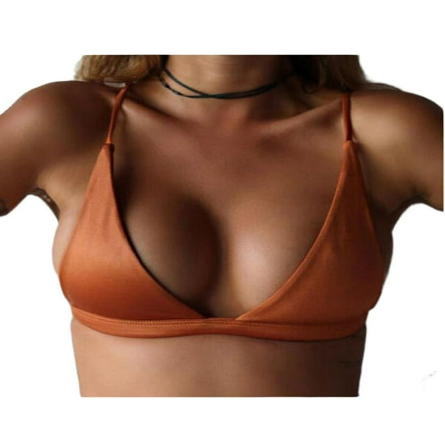 Womens Summer Halter Bikini Top Sexy Triangle Padded Push Up Bra V-Neck Solid Spaghetti Strap Swimsuit Tops