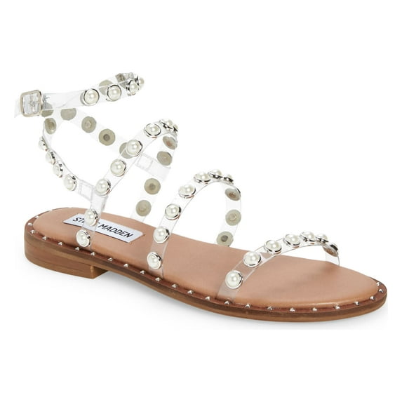Steve Madden Travel Clear Pearl Open Transparent Flat Strappy Gladiator sandal (5.5, Clear Pearl)