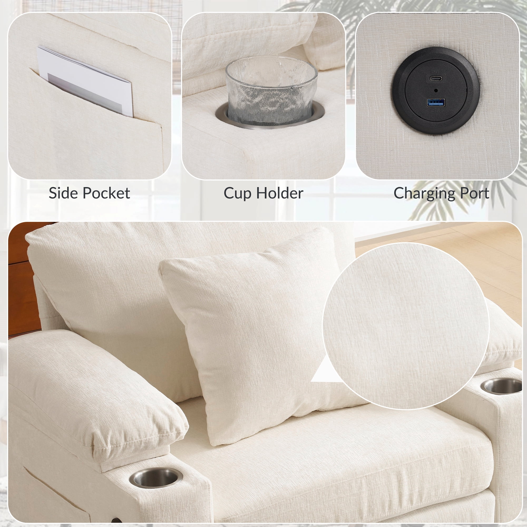 Aukfa 58" Chaise Lounge Oversized Sofa Chair with 2 Cup Holders&USB Ports, Chenille, Beige