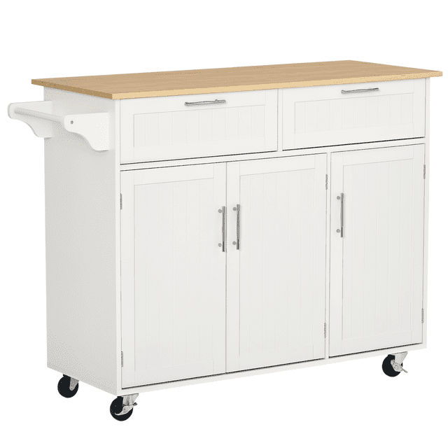 White Rolling Kitchen Island Cart with Drawers & Cabinets - 48" Kitchen Storage for Dining Room, Modern Design, Rubberwood Top