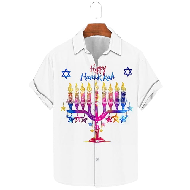 Wancir Chemises pour Hommes en Solde, Chemise Décontractée Imprimée Hanukkah à Manches Courtes, Boutonnée, Col à Revers