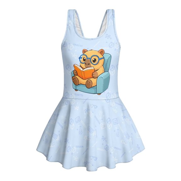 FUIALDOLG Cartoon Capybara Swimwear Girls One Piece Swimsuits Swimdress 3-13 Years Old Kids Sleeveless Quick Drying Bathing Suit for Beach Vacation,Pool Party,3-4Y