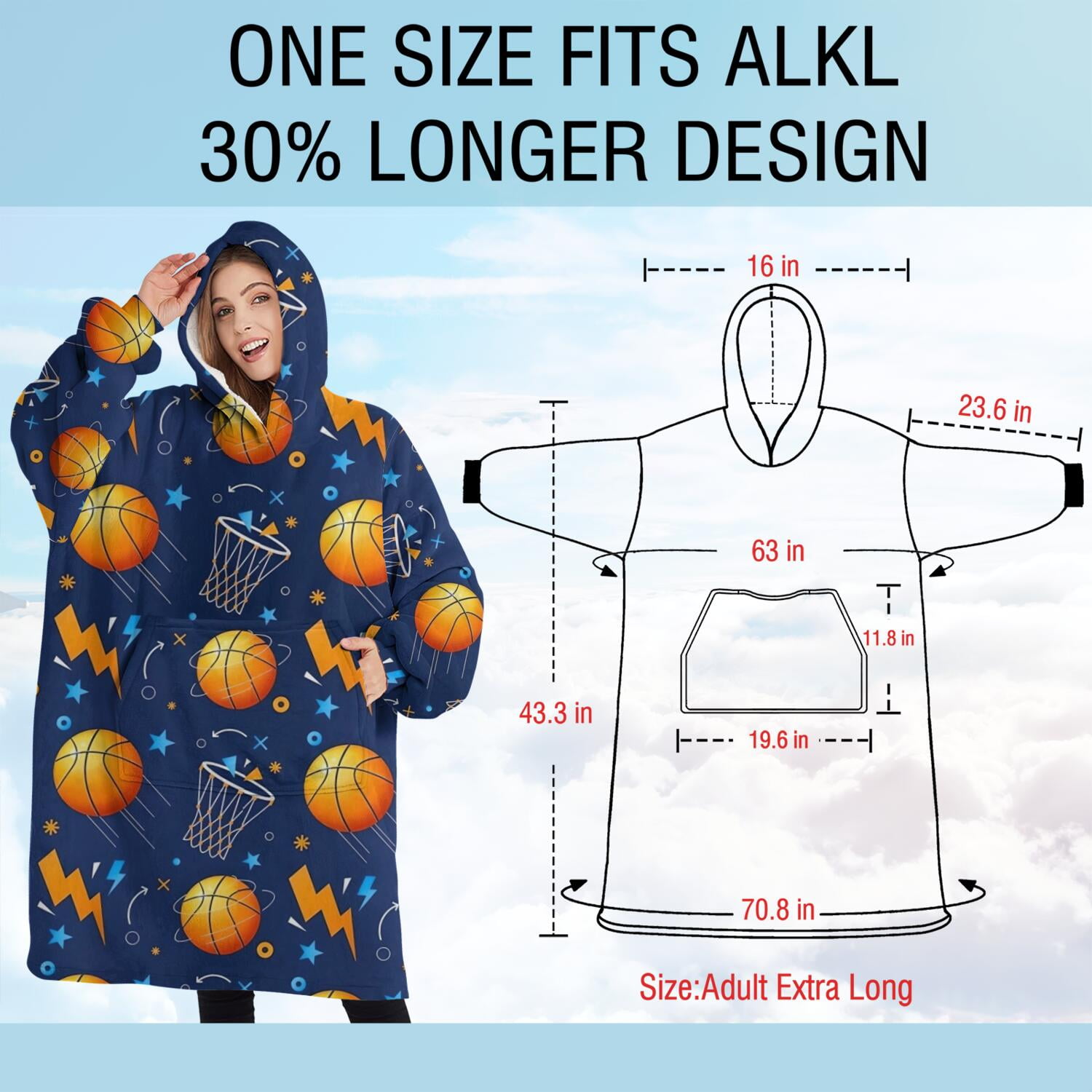 Oversized Wearable Blanket Hoodie,Basketball Theme Pattern Sherpa Blanket Hoodie with Super Pockets,Super Warm Fuzzy Pullover for Women & Men