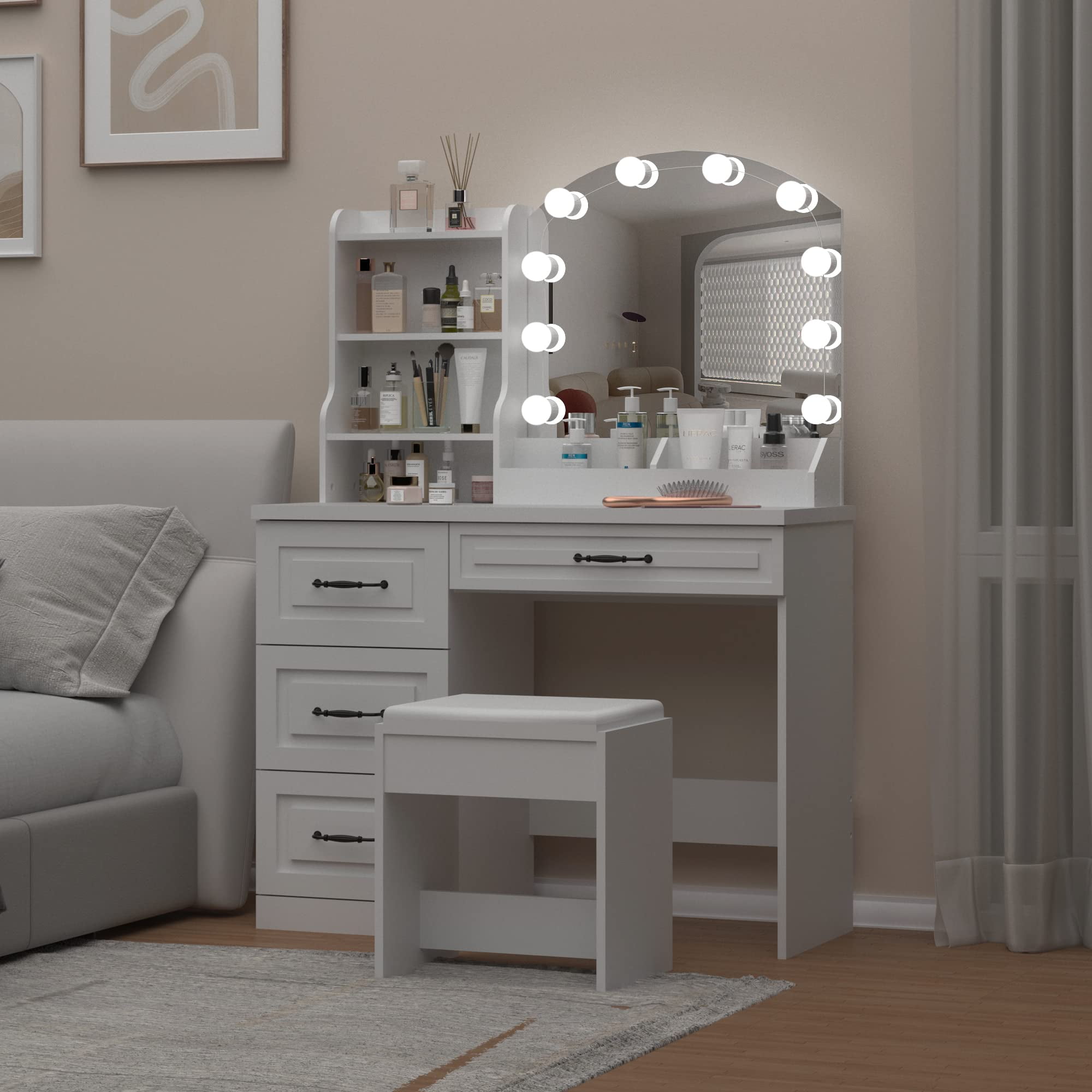 Veanerwood Makeup Vanity Set with Lights and 4 Drawers, Modern Vanity Table 3 Lighting Colors, 39.4in, White