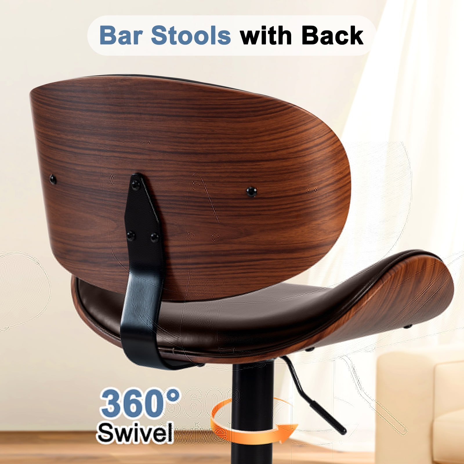 EDX Bar Stools Set of 2 for Kitchen Counter, Adjustable Bentwood Barstools, Modern PU Leather Upholstered Bar Chair with Back and Footrest, for Bar, Kitchen, Dining Room, Brown