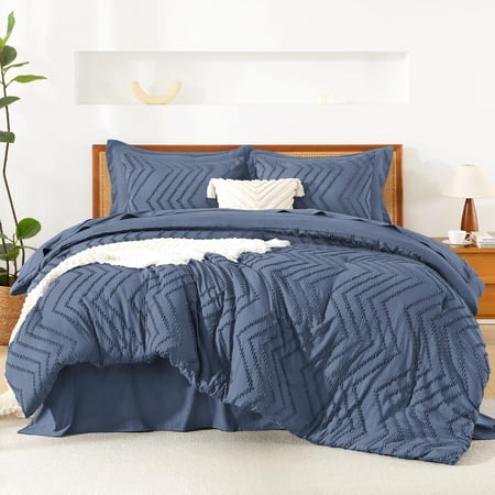 Twin Xl Comforter Set Ocean Blue - Boho Tufted Shabby Chic Bed In A Bag For College Dorm 5 Pieces Fluffy Soft Farmhouse All Seasons