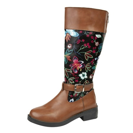 

TALKVE Fashion Autumn And Winter Women Mid Calf Boots Low Heeled Boots Colorblock Flowers Round Toe Back Zipper Comfortable Casual Western Style