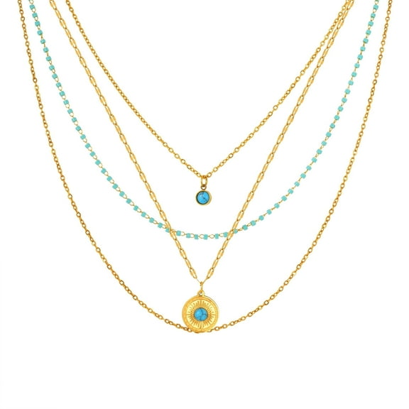 VNOX Vintage Bohemian style multi-layered chain women's necklace, paired with turquoise beads and a European round pendant, gold necklace for women