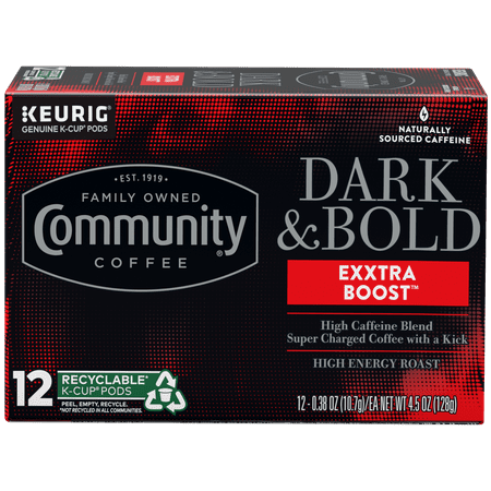 Pack of 2 Community Coffee Dark & Bold Exxtra Boost High Caffeine Blend K-Cup Coffee Pods, 12 ct (Package May Vary)