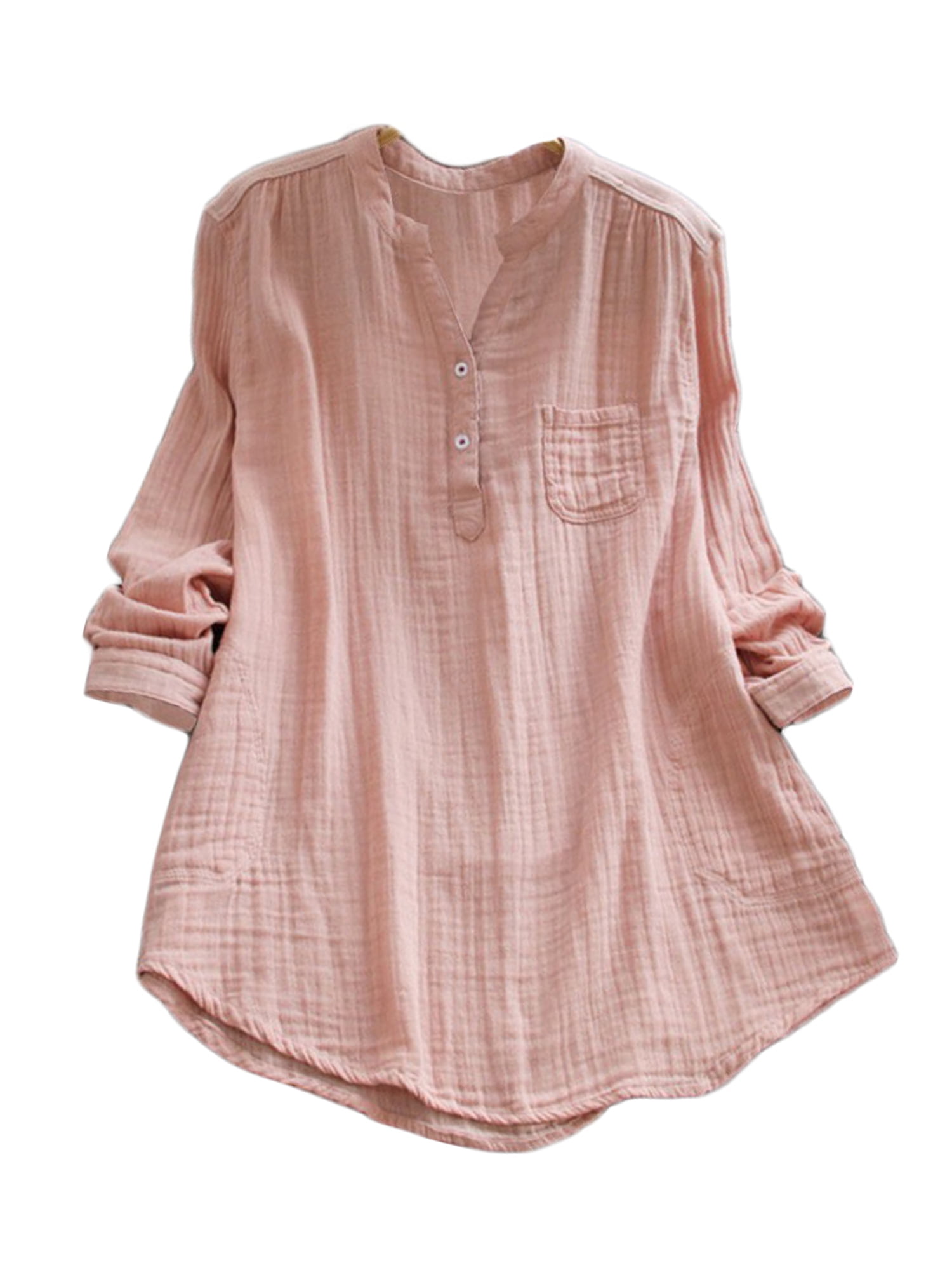 Plus Size Women Cotton Linen Long Sleeve Button Down T-Shirt Casual Blouse Tops 