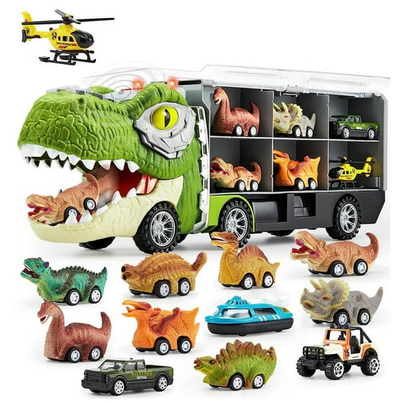 Drify 13 in 1 Dinosaur Toys Dinosaur Truck with 12 Pull Back Cars for 3 4 5 Year Old Boys Grils