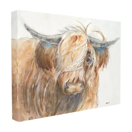The Stupell Home Decor Collection Brown Horned Bull with Wind Swept Long Hair Painting Stretched Canvas Wall Art, 16 x 1.5 x 20