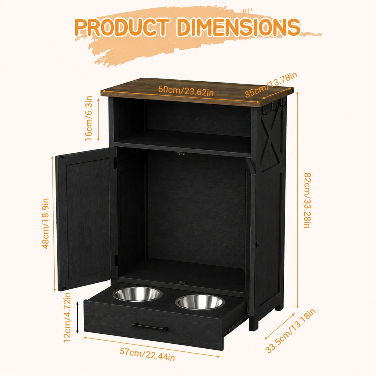 MAYEERTY Dog Feeding Station Cabinet with Elevated Bowls, Farmhouse Pet Feeder Station with Hidden Pull-Out Drawer, for Pet Supplies
