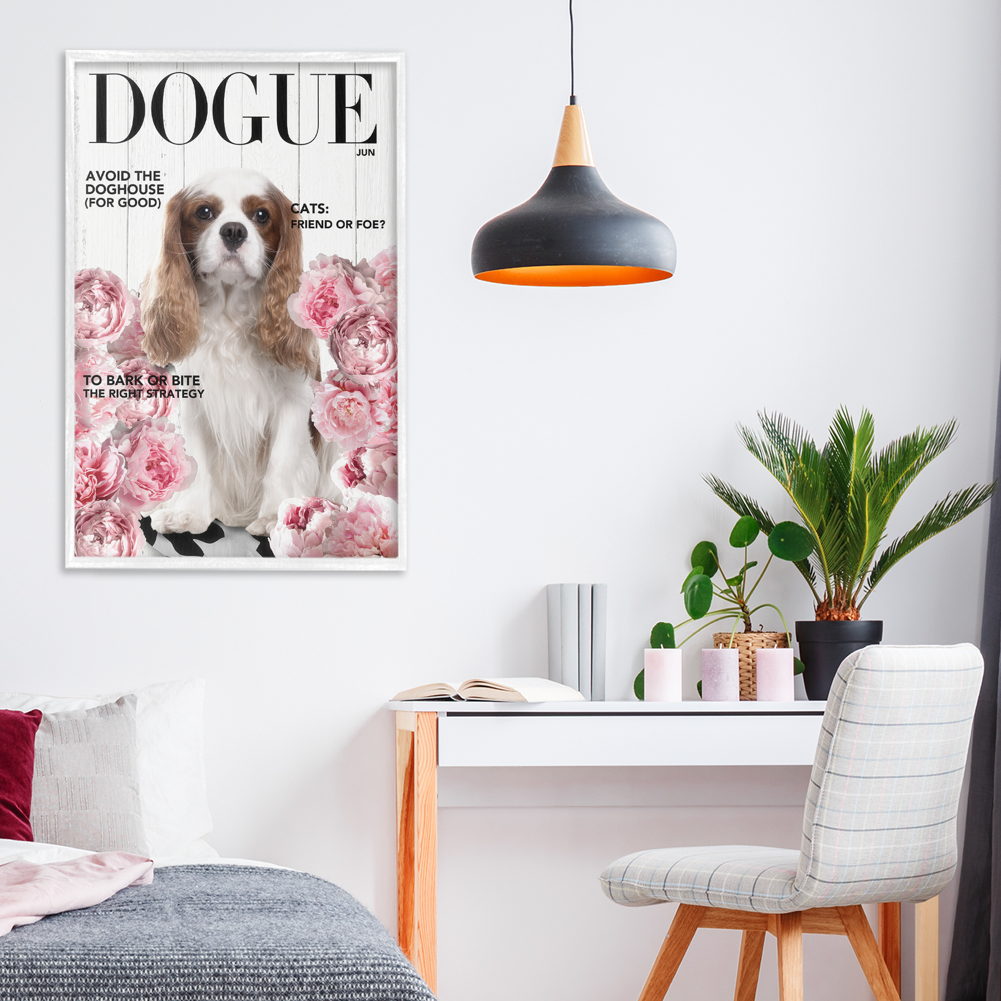Funny Floral Dog Magazine White Framed Giclee Art, design by Sasha