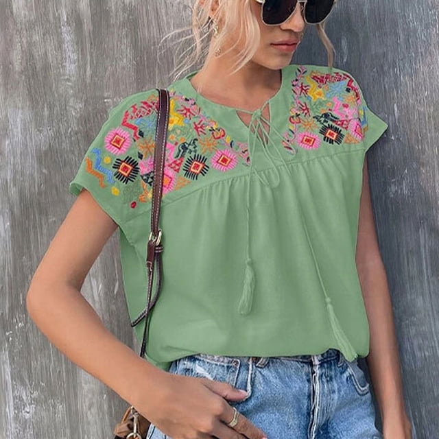 Camisa Casual De Manga Corta Para Mujer, Blusa Bordada De Manga Corta Para Mujer, Blusas Vintage De Moda Para El Trabajo, Compras, Viajes