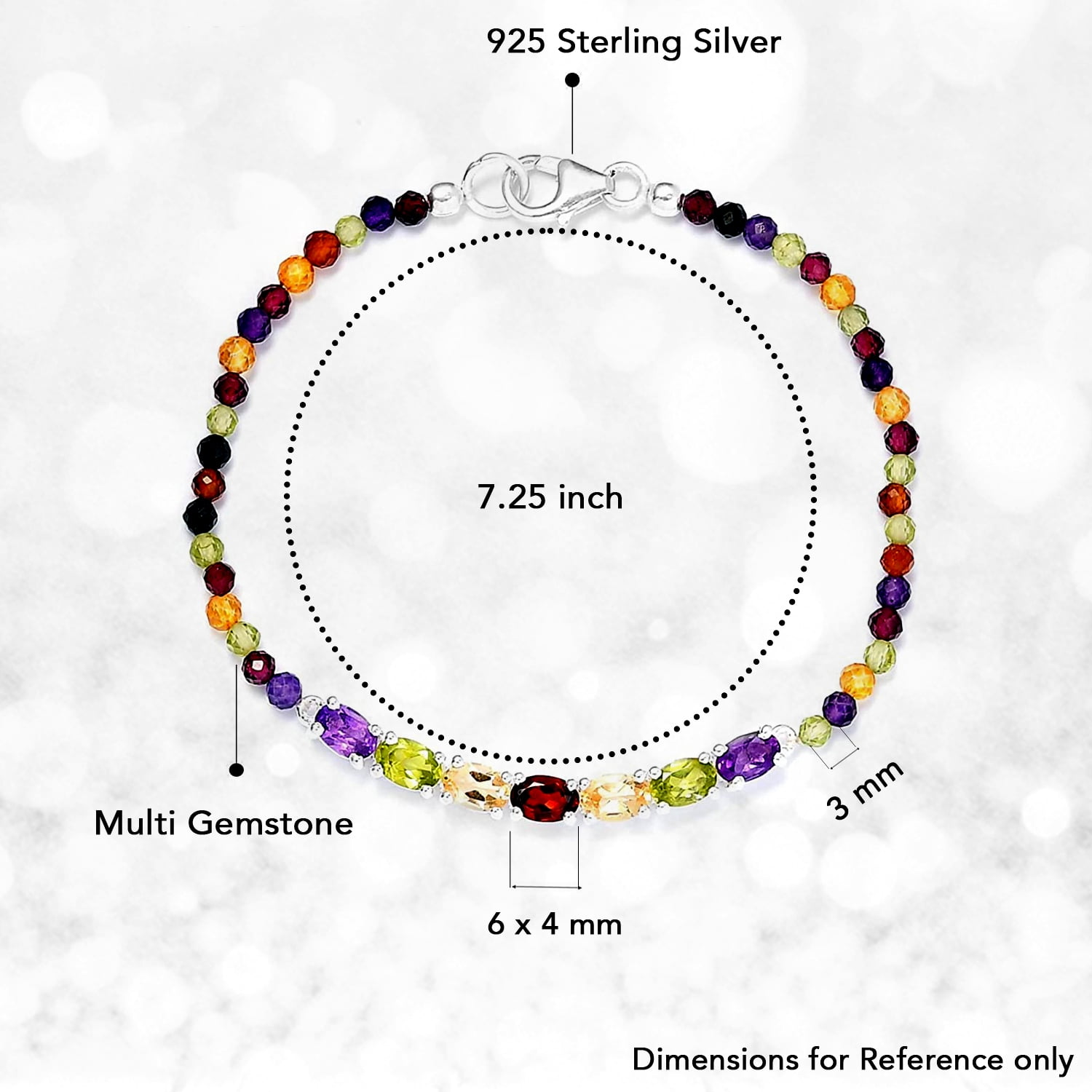Colorful Bracelet in Sterling Silver - Multicolor Gemstone Bracelets for Women -  Birthstone Jewelry Birthday Christmas Gifts Size - 7.25 Inches