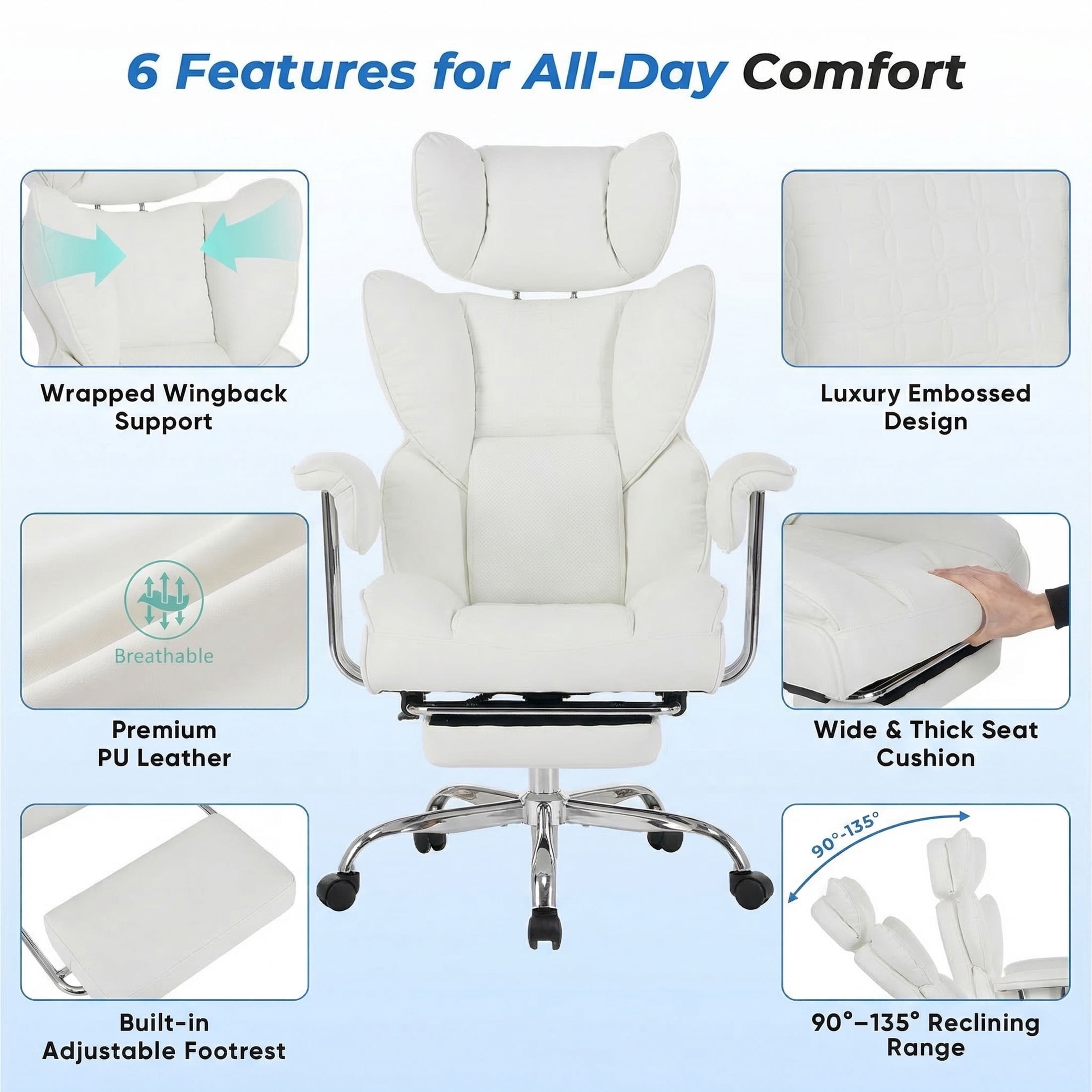 EDX Big and Tall Office Chair, Ergonomic PU Leather Executive Computer Chair with Footrest, Pocket Spring Support, 350 LBS Capacity, For Home Office, Beige
