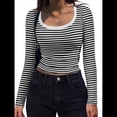 thumbnail image 1 of Camisas de Larga con Cuello Redondo para Mujer, Blusas Informales de Punto Acanalado de Corte Ajustado, Camisetas Básicas de Trabajo para Verano y Otoño. Rayas Blancas M, 1 of 9