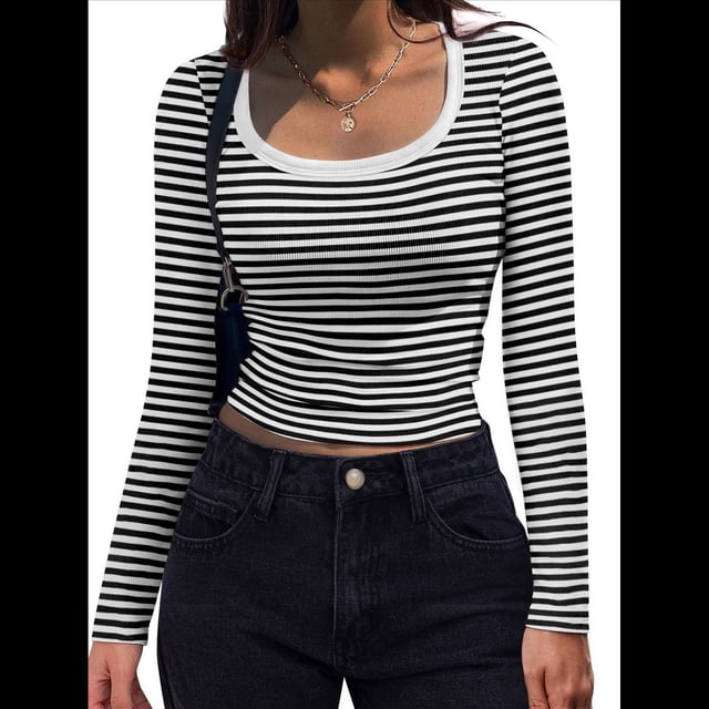 Camisas de Larga con Cuello Redondo para Mujer, Blusas Informales de Punto Acanalado de Corte Ajustado, Camisetas Básicas de Trabajo para Verano y Otoño. Rayas Blancas M