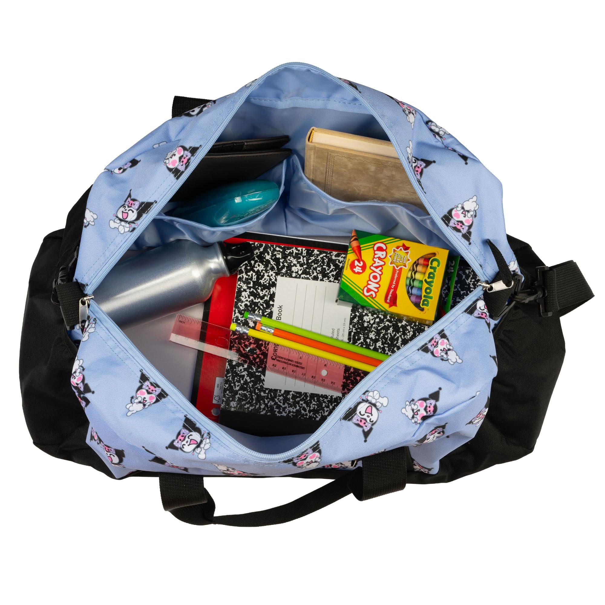 Kuromi Girls Duffle Bag, 16 x 10 x 6.5 inch, Travel Sleepover Dance Bag with Pockets, Purple