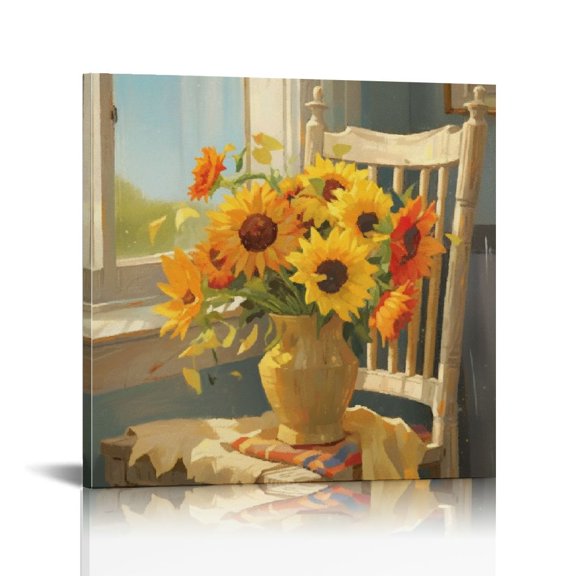 Bathroom Decor Canvas Country Farmhouse Wall Decor Sunflower Theme Painting Vintage Picture Artwork Wood Framed Wall Art Easy to Hang Size